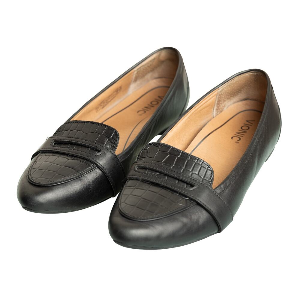 Women's Black Leather Croc Embossed Vionic Savannah Slip-On Flat Shoes - Size 9 - Picture 12 of 12